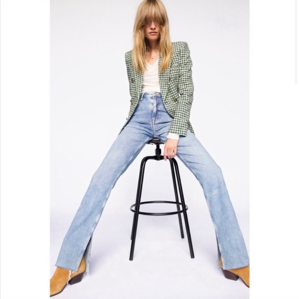 Zara Light Blue Denim Pants Jeans Raw Hem Slit